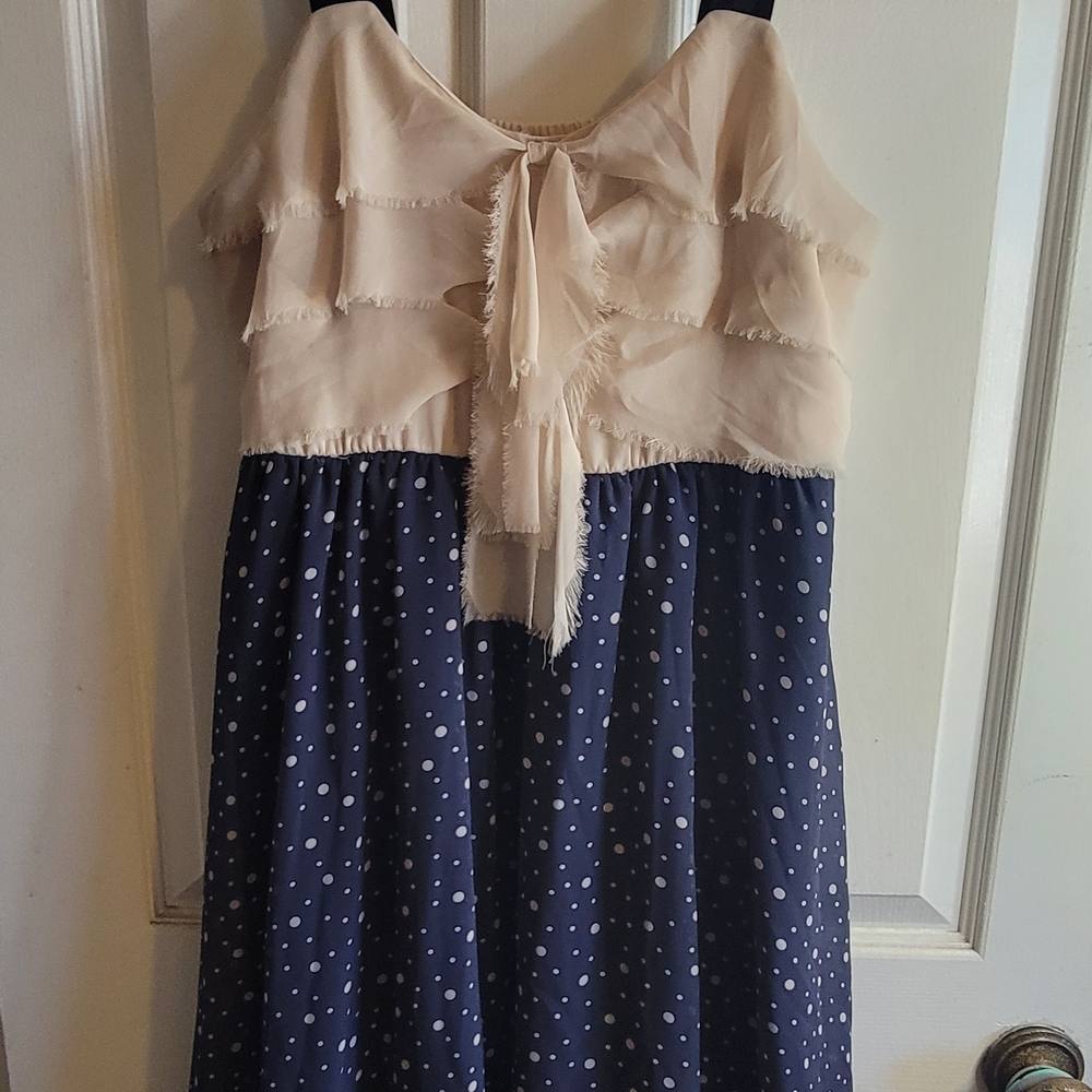LC Lauren Conrad Cream and Blue Pleated Tie Front Sundress